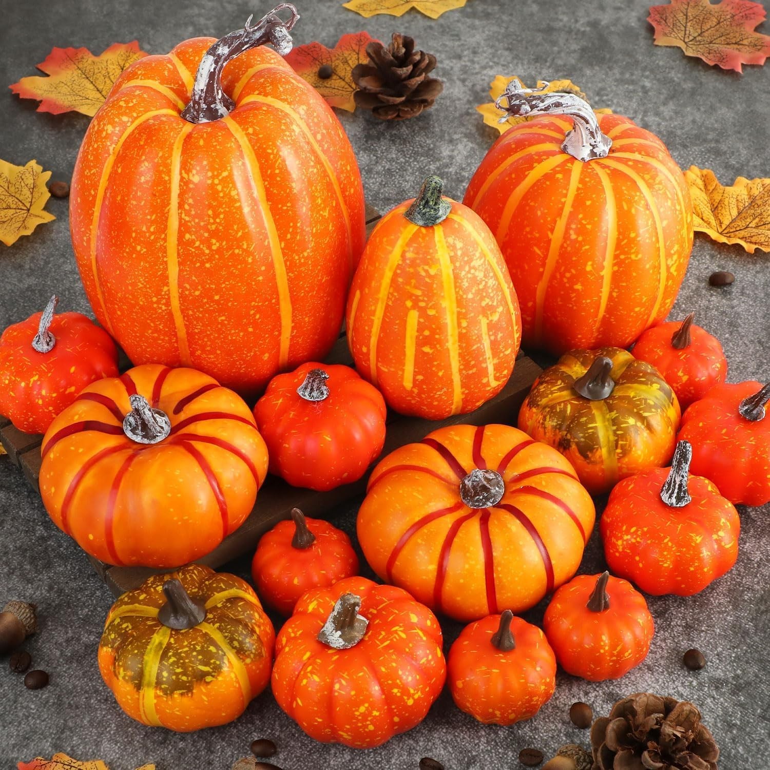Ywlake 16 Pcs Pumpkin Fall Decorations, Decorative Large Small 12Pcs, Orange