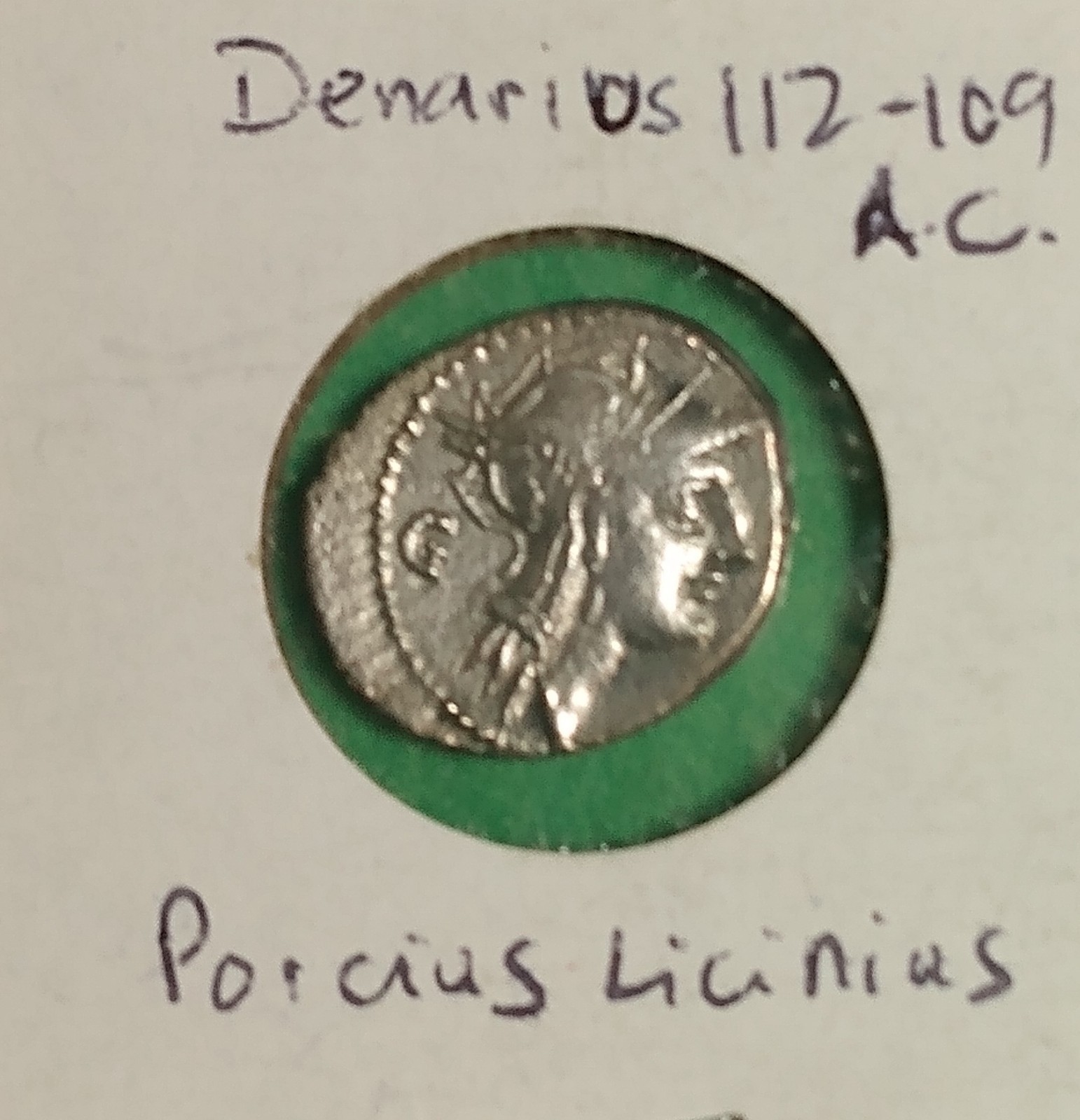Ancient Roman Republic Denarius Silver Coin, Porcius Licinius (112-109 BC).
