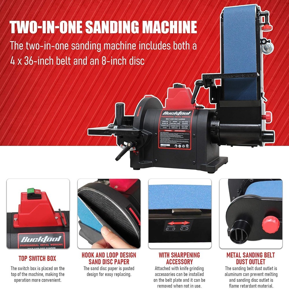 BUCKTOOL 1HP 4 x 36 in Bench Belt and 8 in Disc Sander Combo for Metalworking