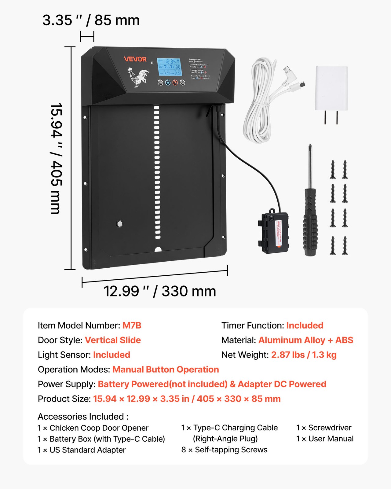 VEVOR DC & Battery Powered Automatic Chicken Coop Door Opener Light Sensor Timer