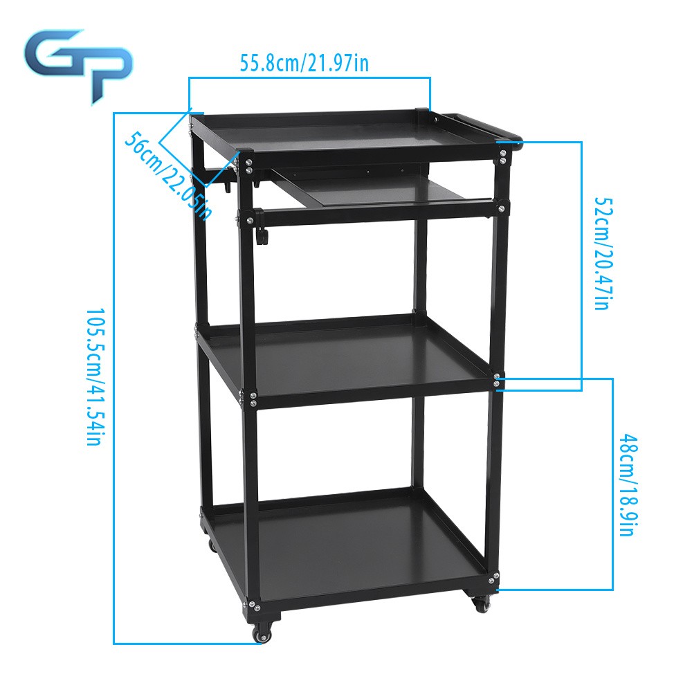 3 Shelves Aluminum AV Utility Cart With Keyboard Tray Height Adjustable Height