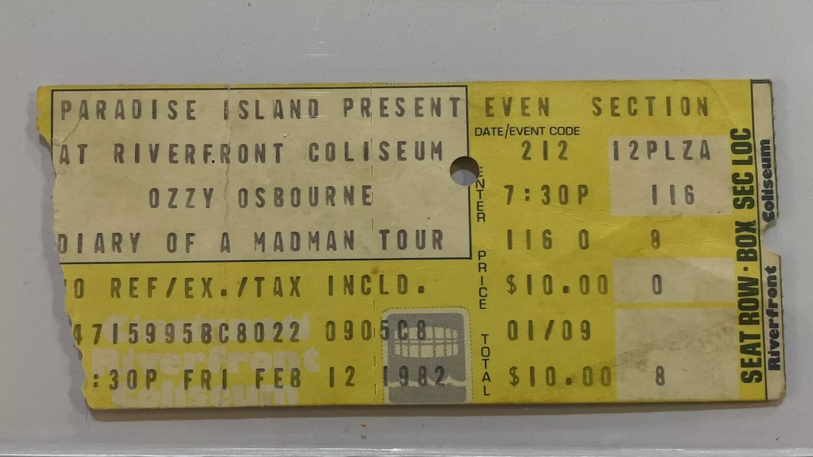 OZZY OSBOURNE 1982 CONCERT TICKET STUB*RANDY RHOADS*2/12/82*CINCINNATTI**RARE**