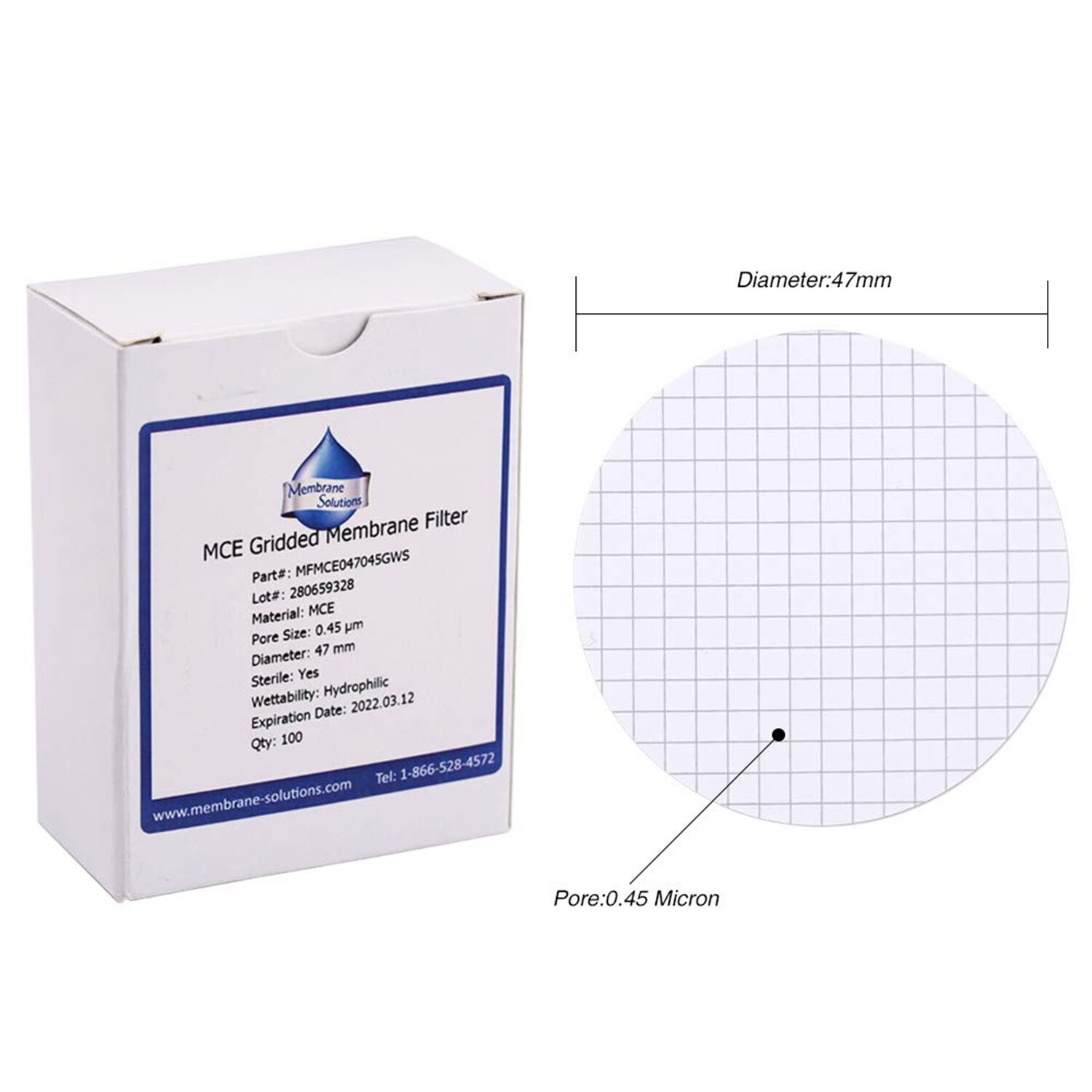 MCE Gridded Membrane Filters, 47mm Diameter, 0.22 um 0.45 μm Pore Size, STERILE