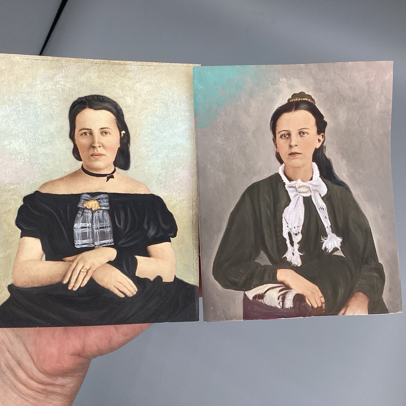 Pair Hand Painted Victorian Portrait Photos Detailed 1890’s Mother Daughter?