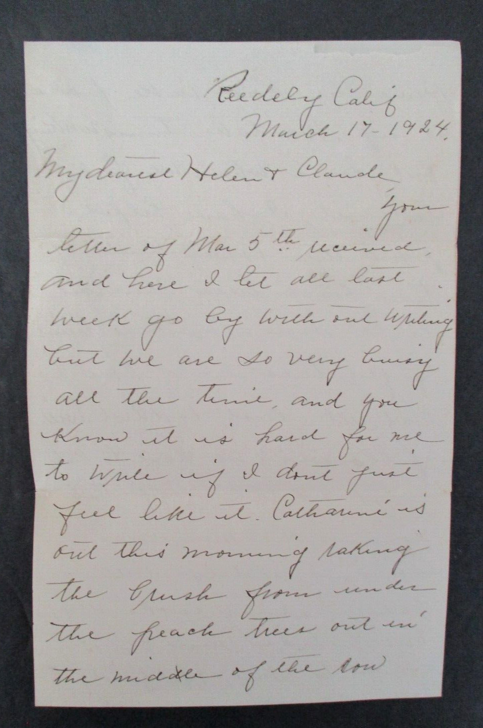 1924 Handwriiten Letter from Reedely (REEDLEY, CA), Peach Trees, Sowing Crops +