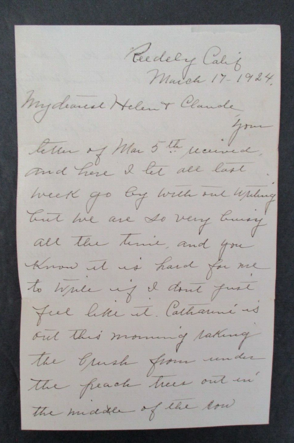 1924 Handwriiten Letter from Reedely (REEDLEY, CA), Peach Trees, Sowing Crops +
