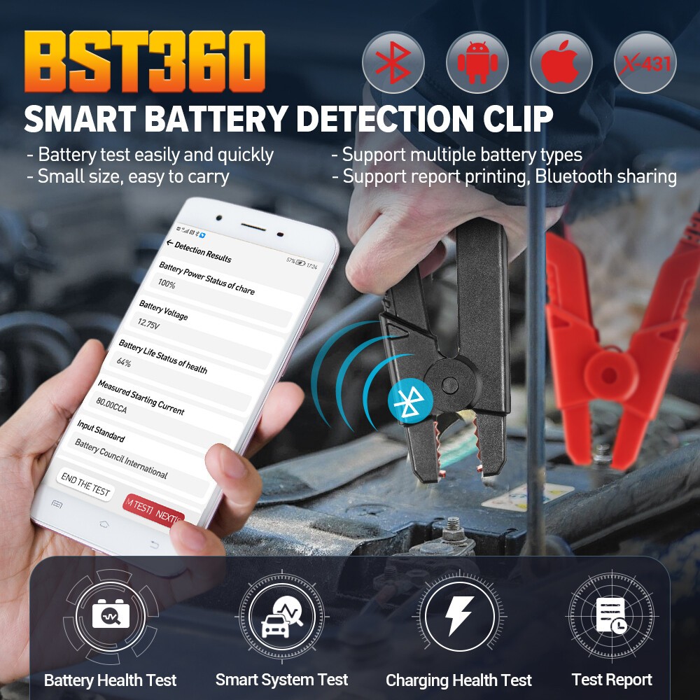 LAUNCH X431 BST360 Battery Tester Clip Analyzer Bluetooth 12V 2000CCA Voltage*^