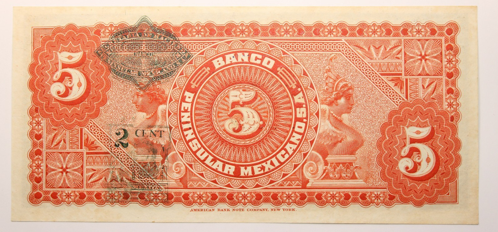 Yucatan Peninsular Mexicano Bank Note S465a 1914 Mexico 5 Peso . AU # 0400