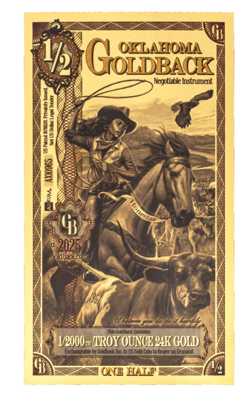 2025 1/2 Half Oklahoma Goldback Goldbacks .999 Fine Gold Polymer Note BU