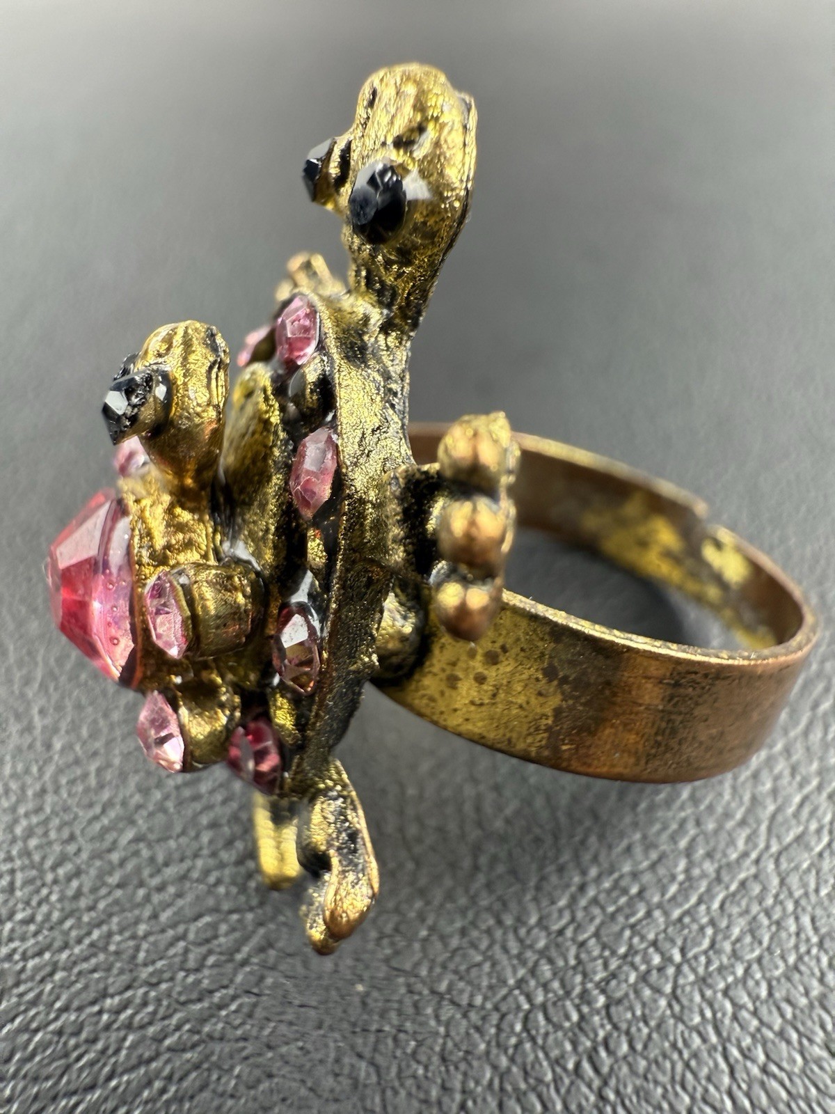 Gold Tone Pink Rhinestone Double Turtle Ring Size 5-7 Jewelry