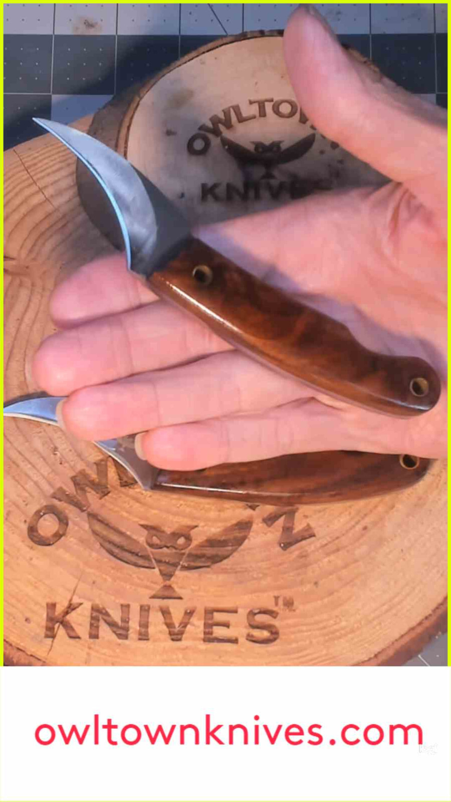 Owltown Pivia Moon Knife, Pikal, Elvia fusion 12c27 steel clip on leather sheath