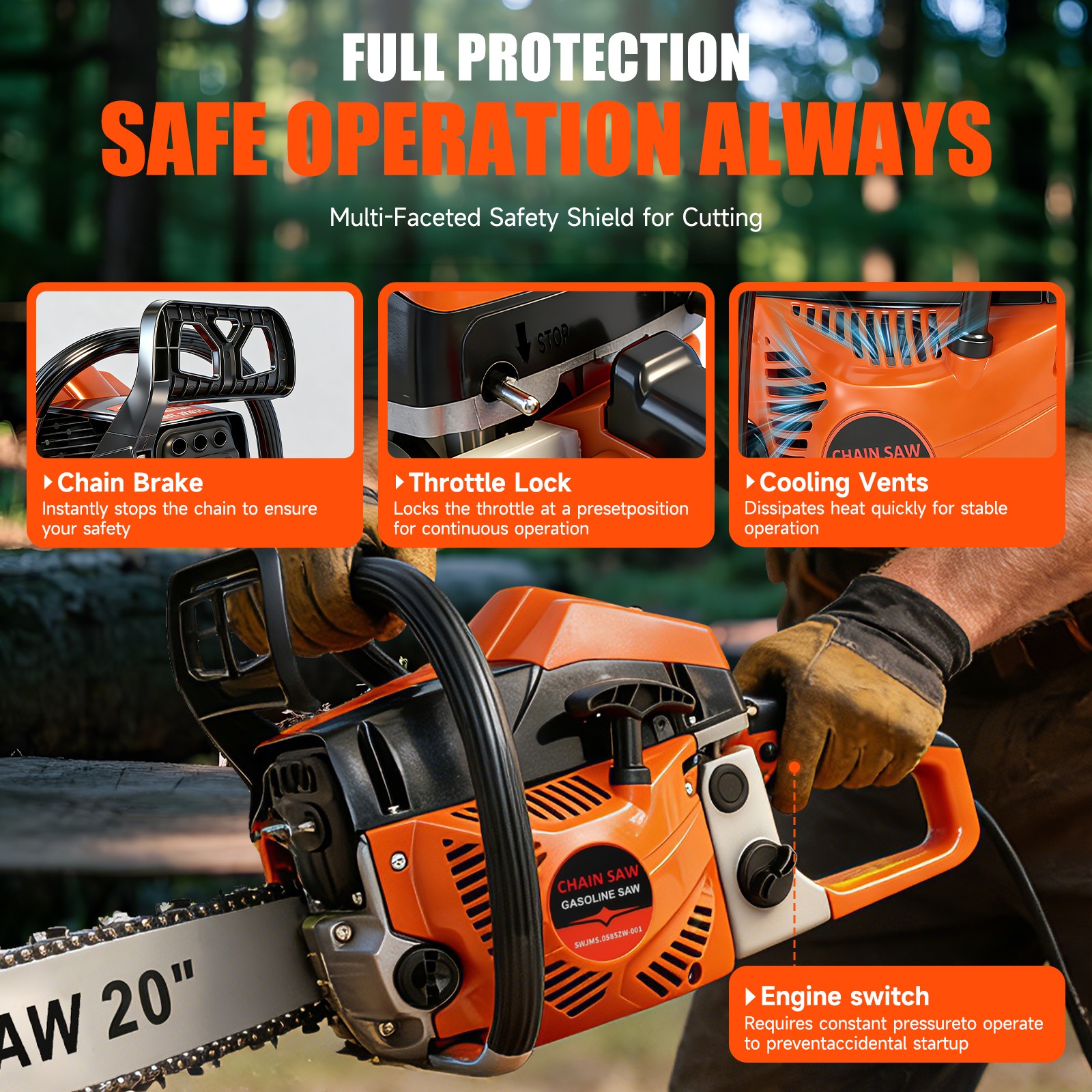 62cc Gas Powered Chainsaw with 20'' Guide Bar Saw Chain 2-Stroke Engine Cut Wood