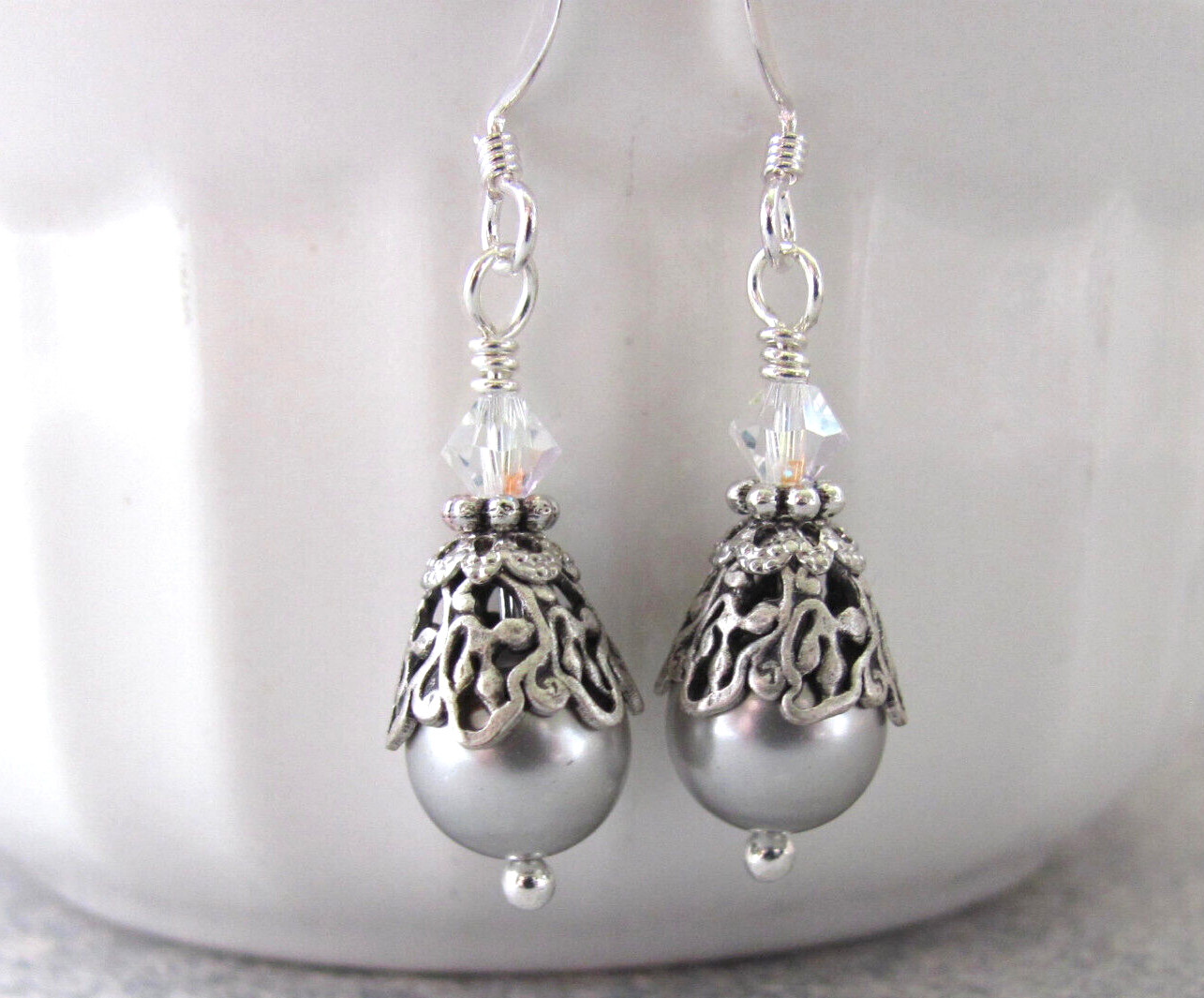 Silver Gray Crystal Pearl Earrings Birthday Wedding Gift Birthday Holiday Party