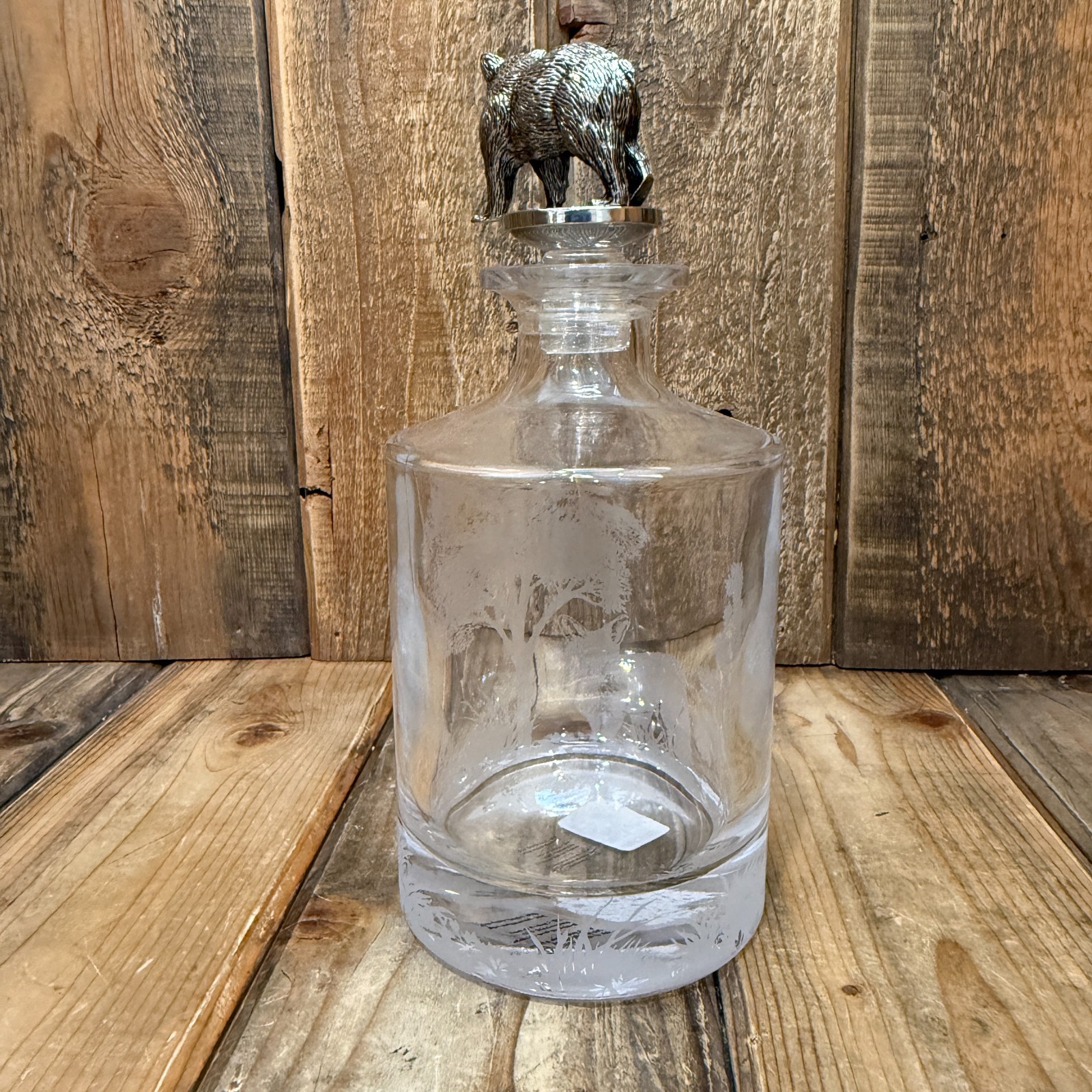 POTTERY BARN Fantastical Forest Glass Decanter 4.5" X 10" ~ BEAR, FOX, QUAIL