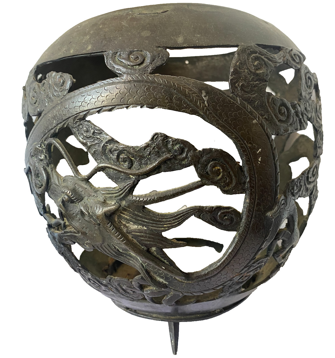 Antique Chinese Qing Dynasty Openwork Bronze with Dragon & Clouds 9” 4lbs c.1900