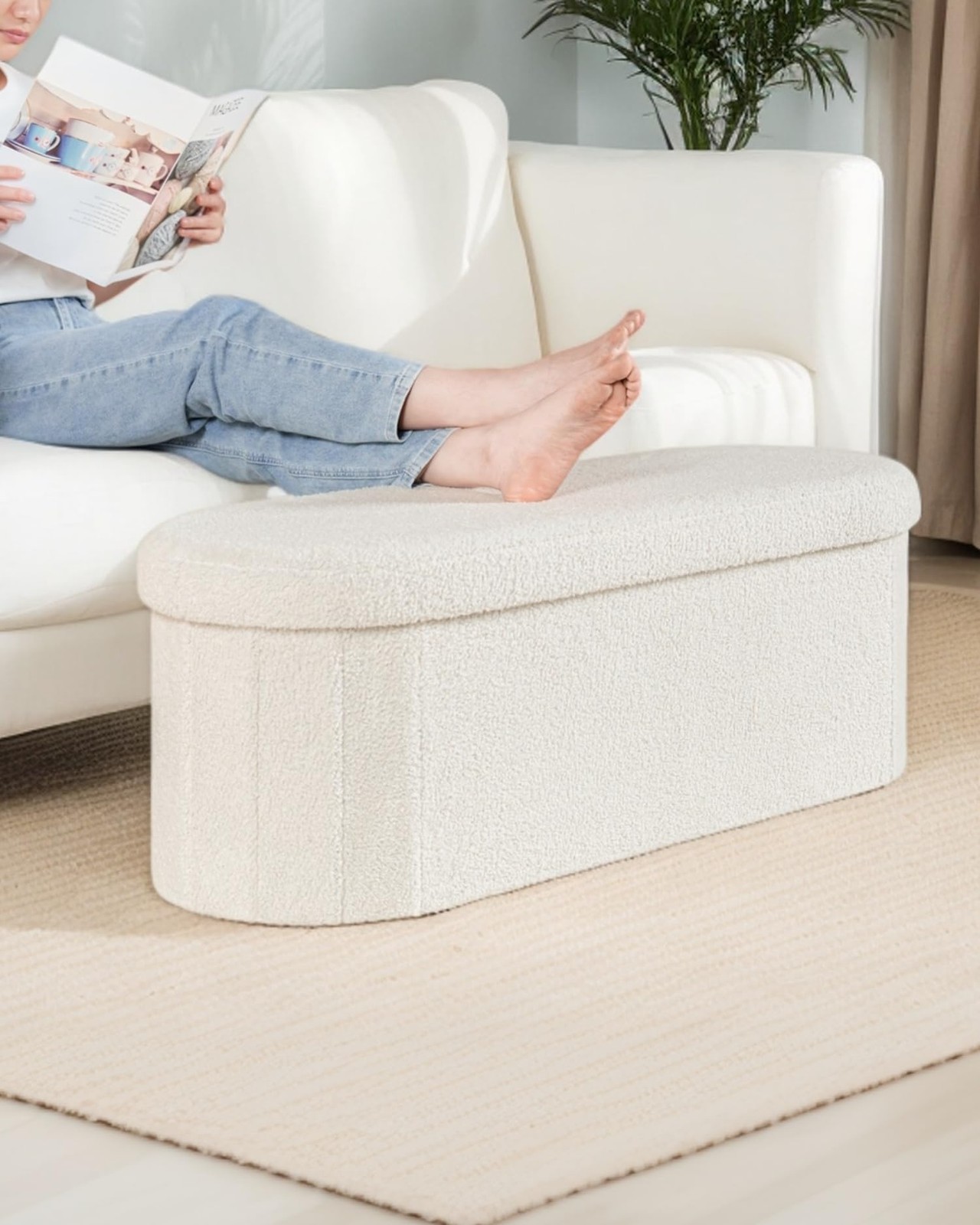 Storage Ottoman Bench, 43.3 Inches Oval Ottoman with Storage, Teddy Boucle Fo...