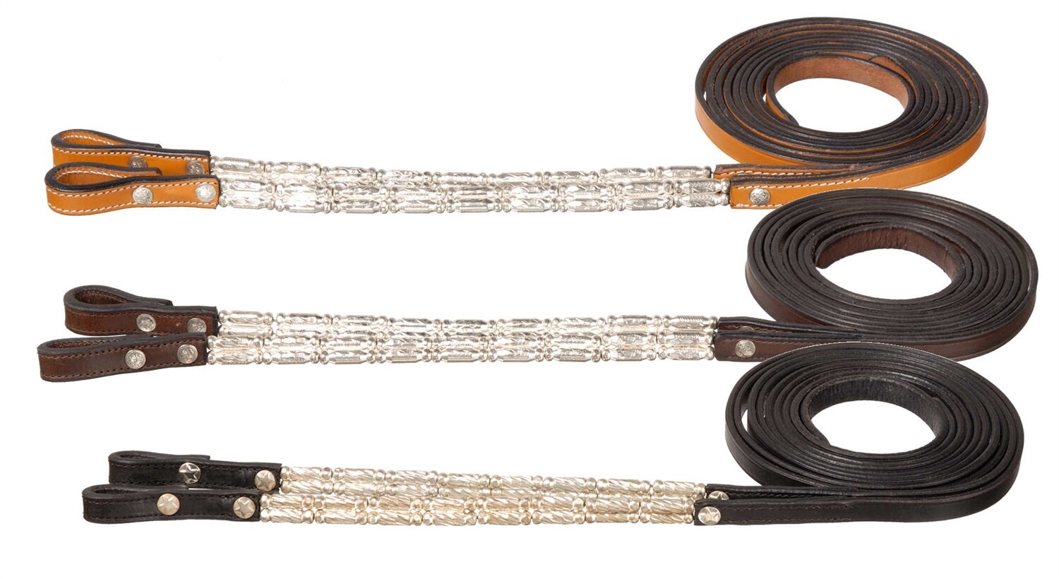 Western Show Bridle Reins - Silver Ferrules - Black - Dark Oil - Light Oil