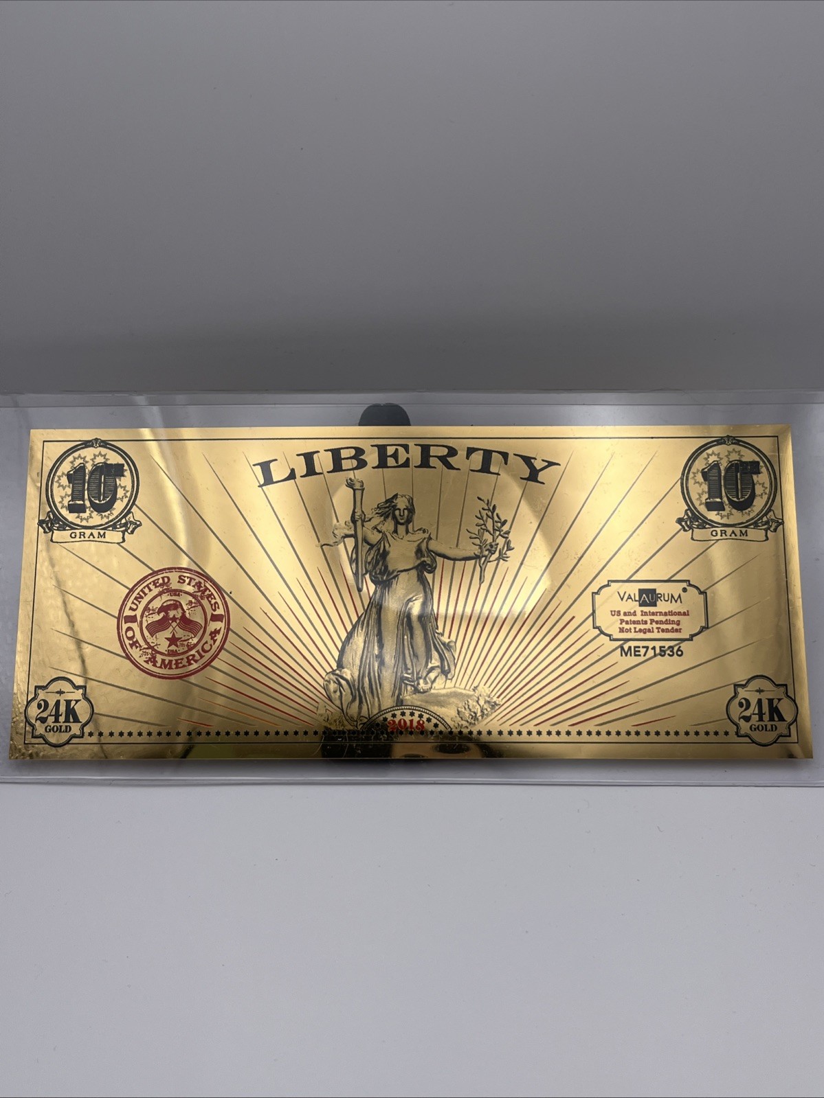 2018 ValAUrum Liberty Gold Note - 1/10 Gram 24K Gold Note Limited Edition - Mint
