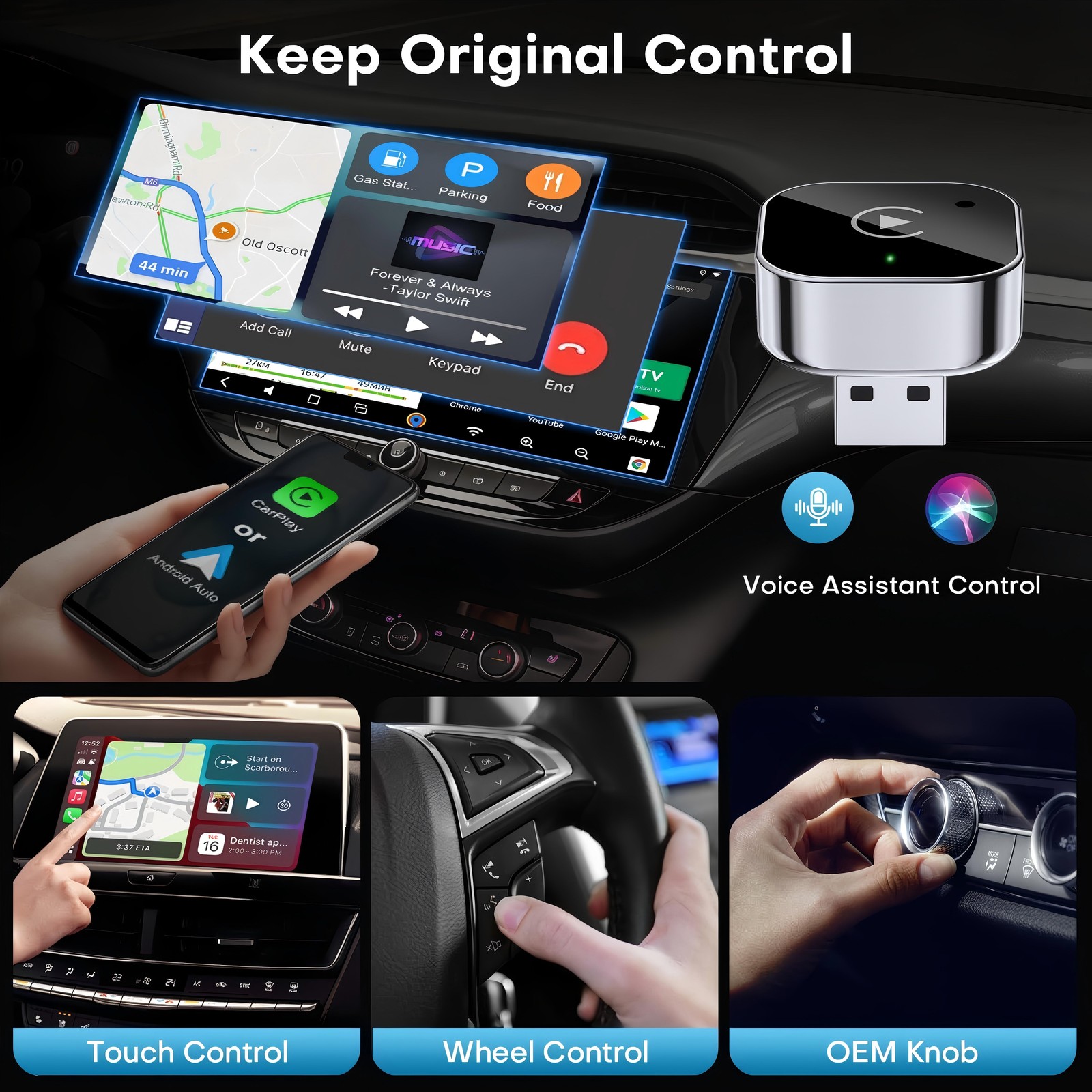 Wireless USB Carplay Adapter Dongle For iPhone Apple Android Auto Plug &Play