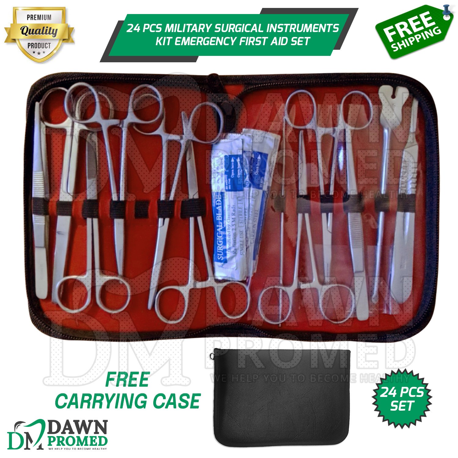 24 Pcs Military Surgical Instruments Kit Emergency First Aid Set With FREE Case