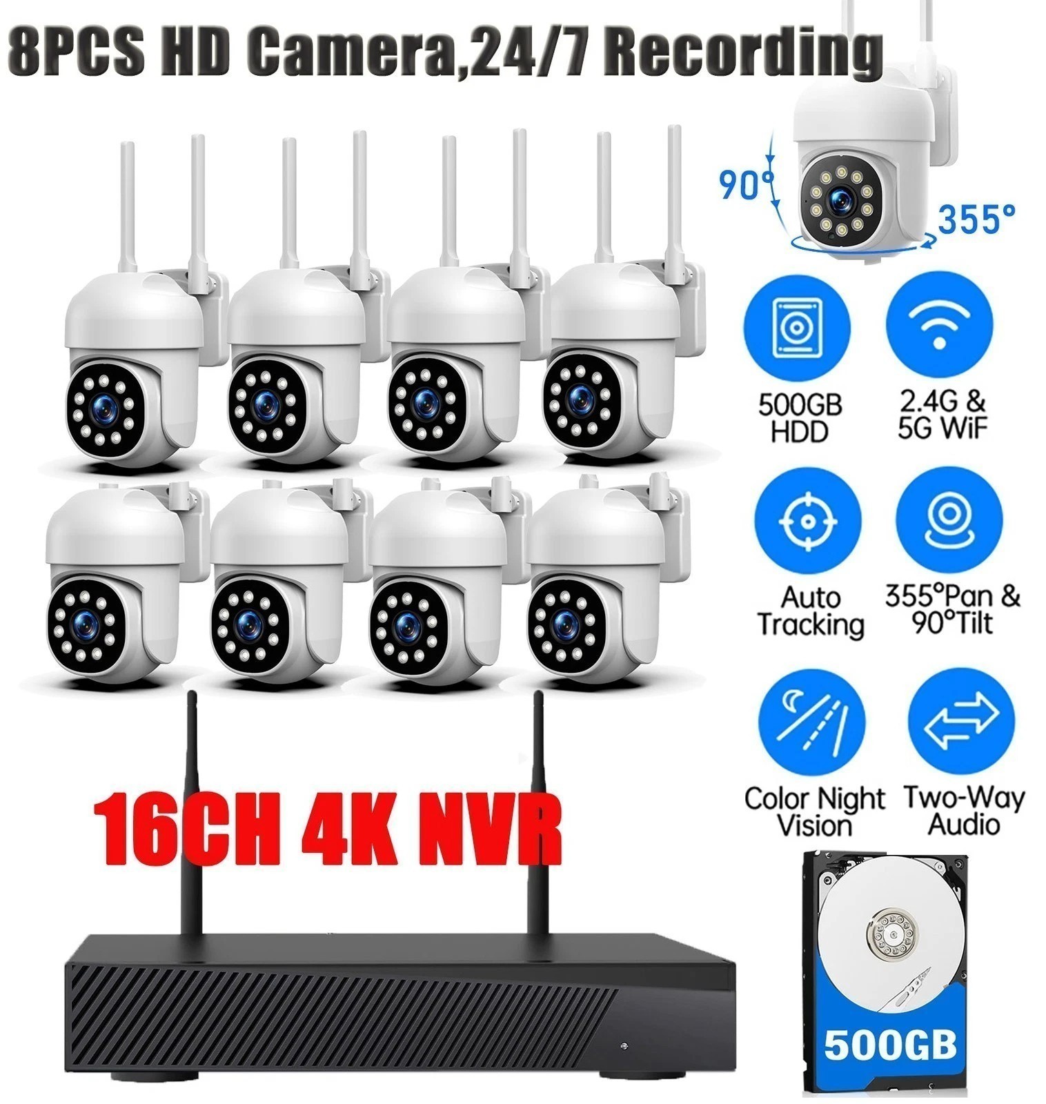 CAMCAMP 16CH NVR 8X PTZ Cameras Wireless CCTV WiFi Security Camera System Audio