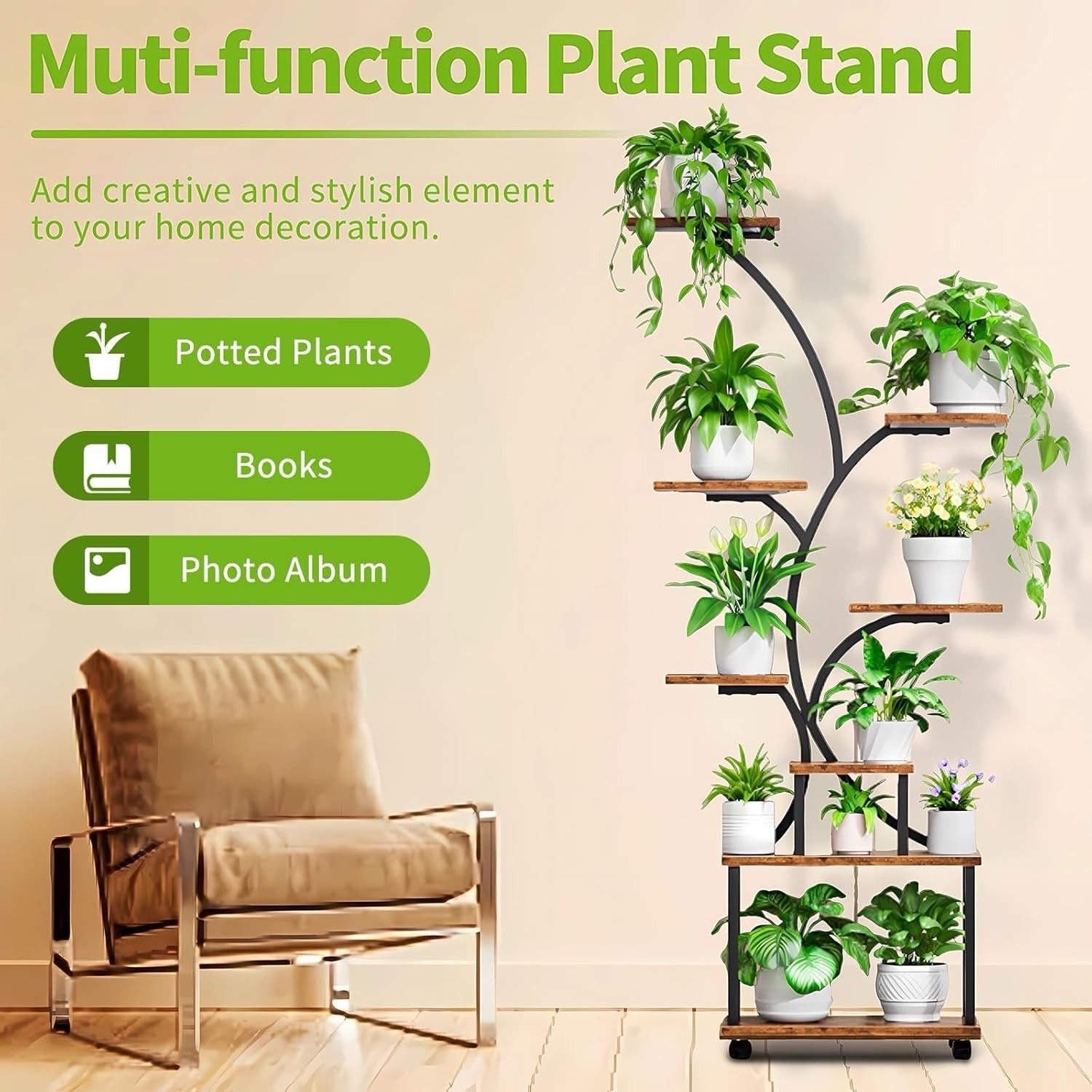 62" Indoor Plant Stand with Grow Lights 8 Tiered Display Shelf for Home Garde