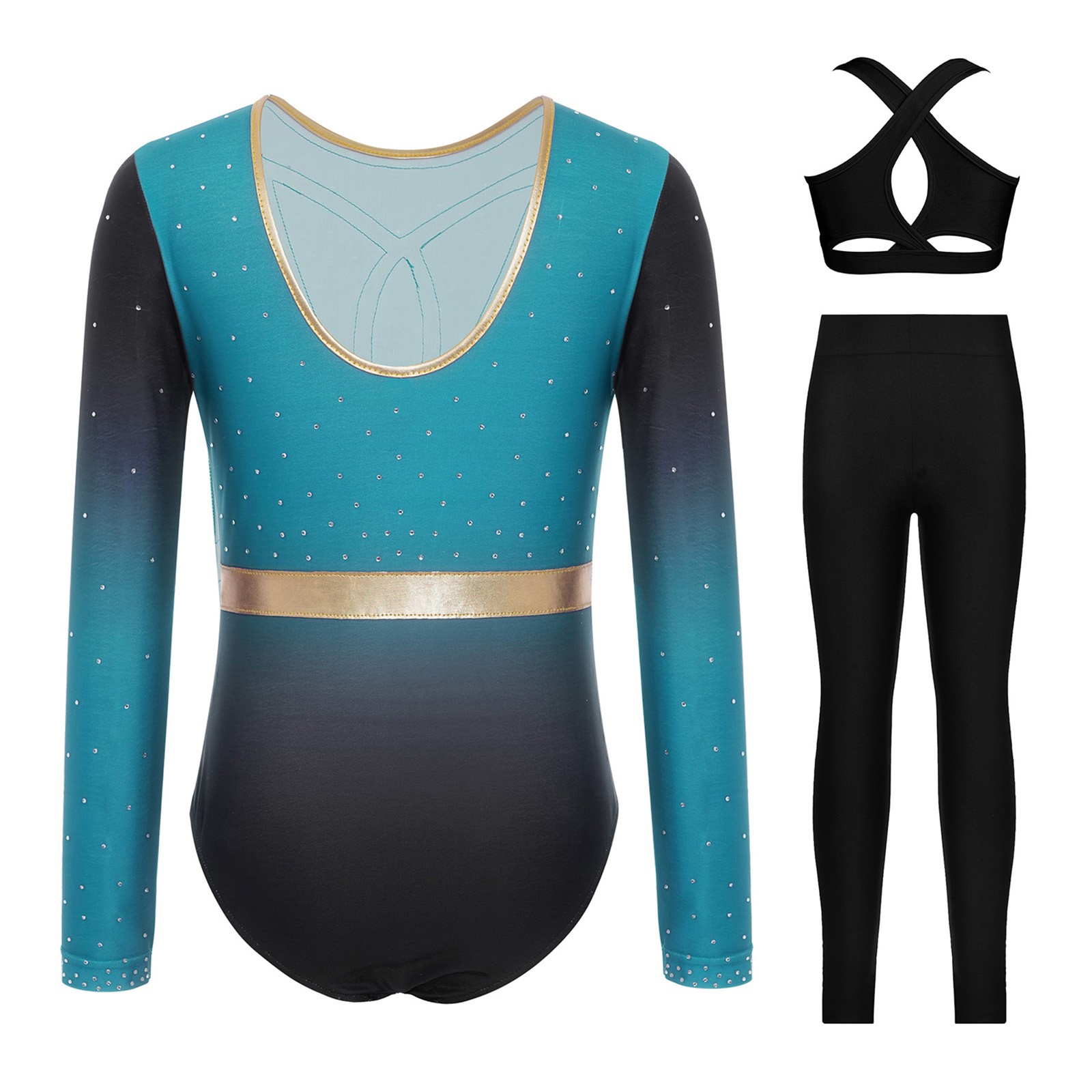 Kids Girls 3Pcs Set Crop Top Bodysuit Charming Dancewear Rhinestones Carnival