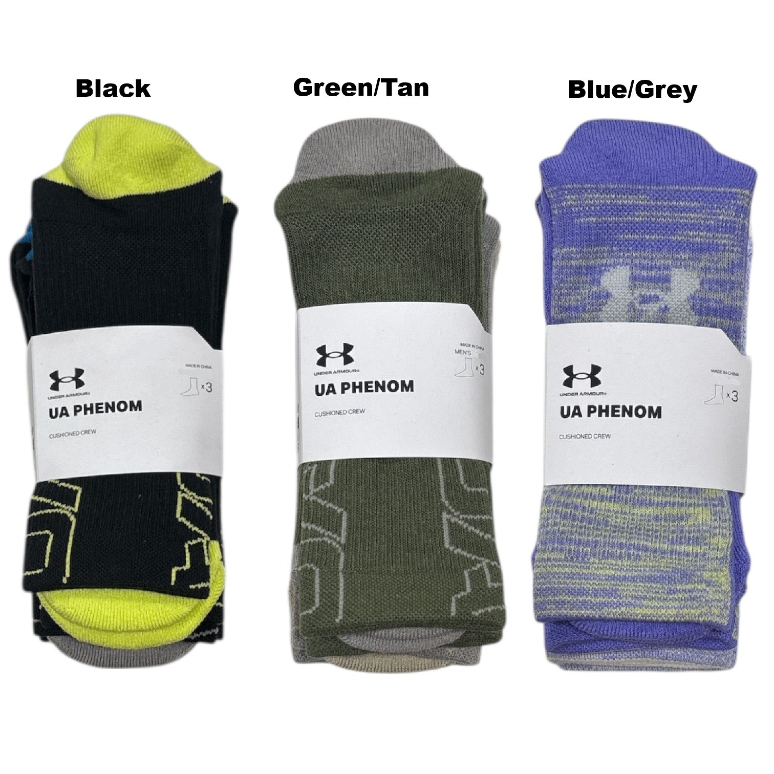 Under Armour Men's UA Phenom Cushioned Crew Sock, 3 Pair, US00273