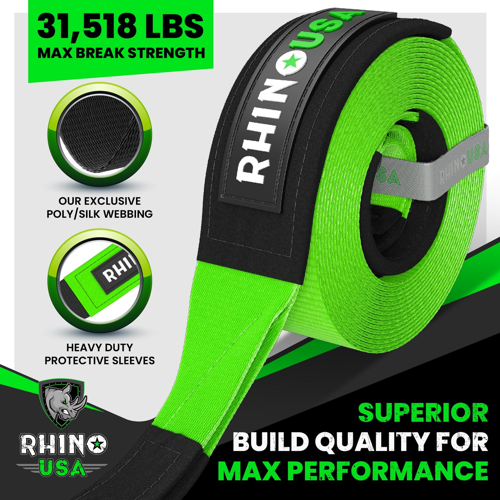Rhino USA RG-TS3X20-GRN Tow Strap