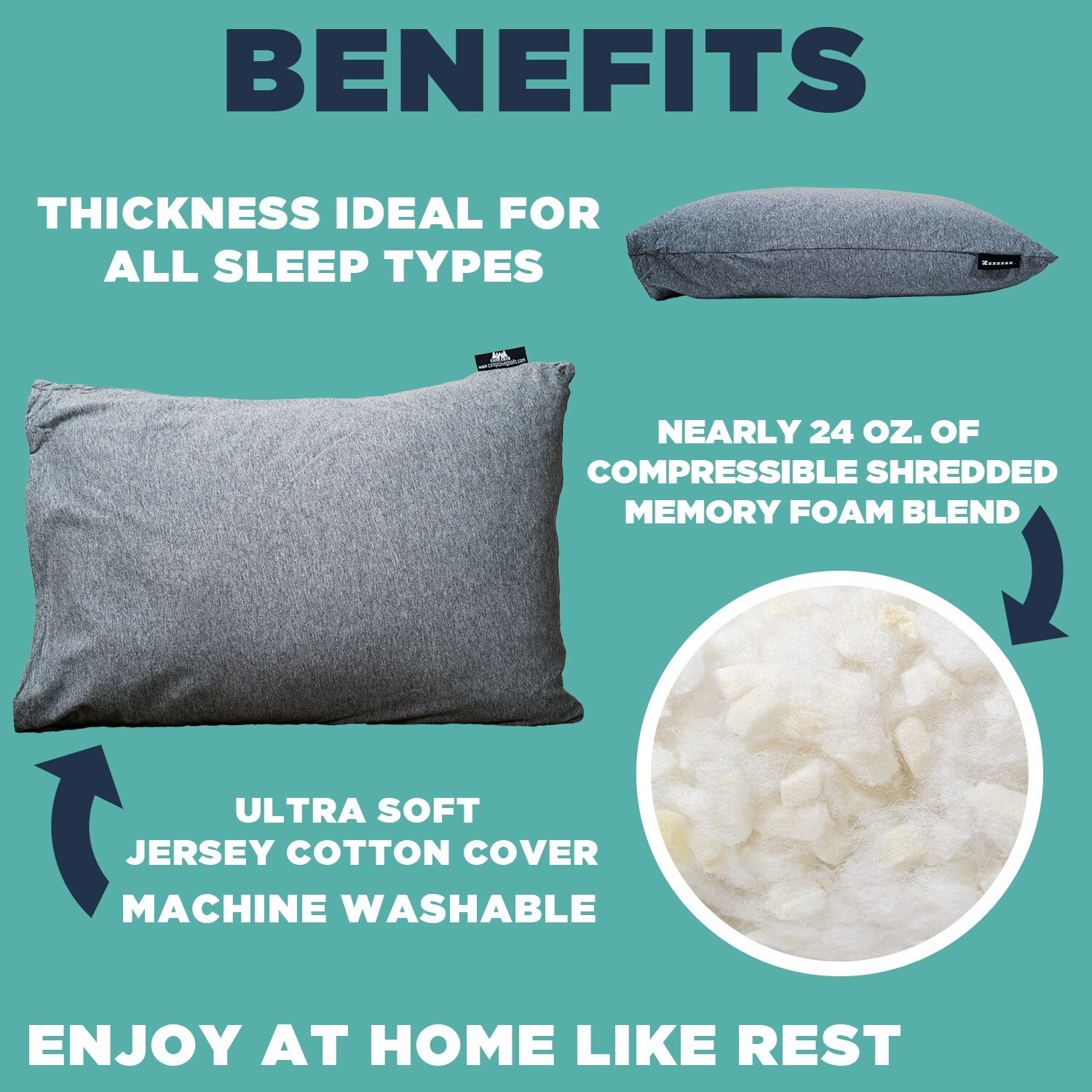 CAMP COVE Camping Pillow Jersey Cotton Shredded Memory Foam 15x21 NEW Travel