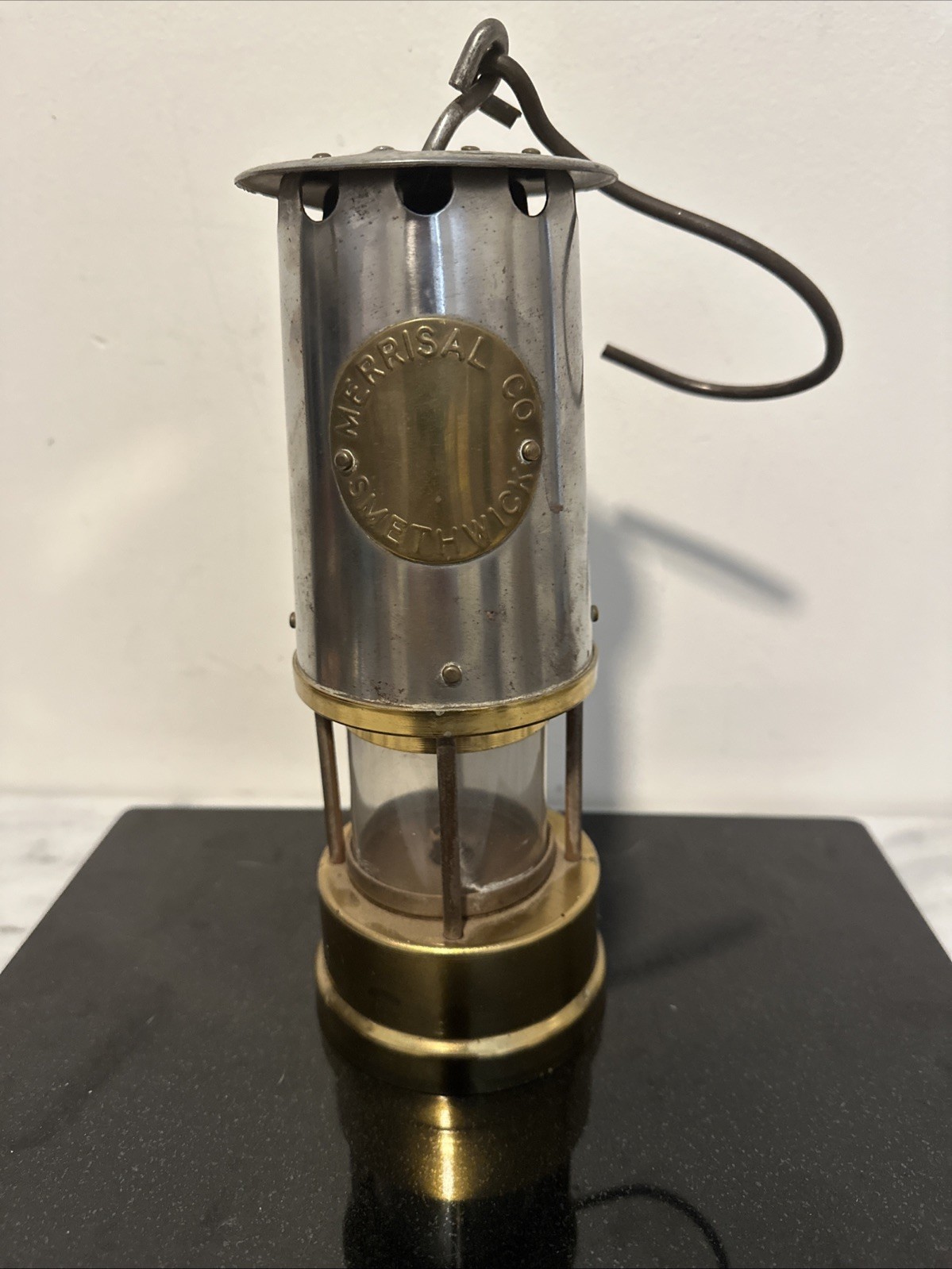 ANTIQUE MINER’S LAMP Merrisal Co. Smethwick Marking Brass Glass Insert READ