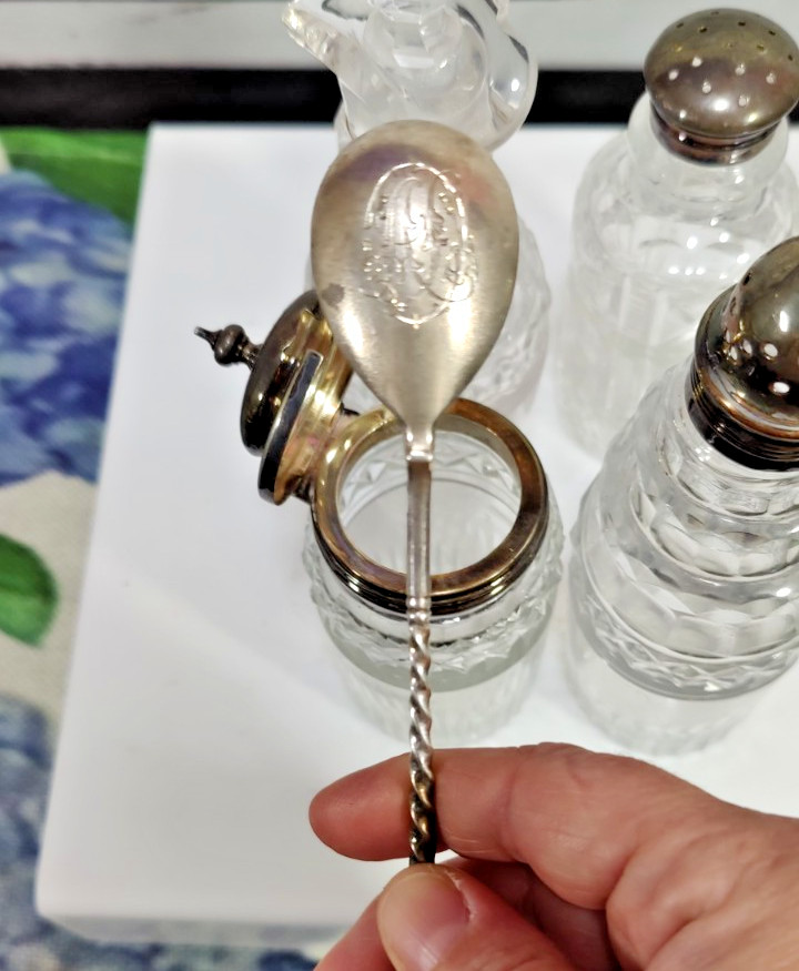 Antique Victorian Era Sliver Plated Four Cut Crystal Bottles Cruet Set