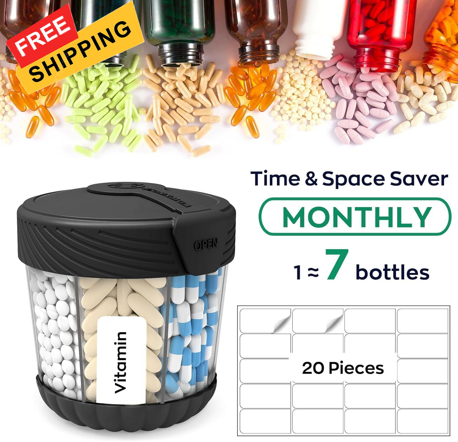 Large Pill Dispenser with 7 Compartments, Portable Bottle Black