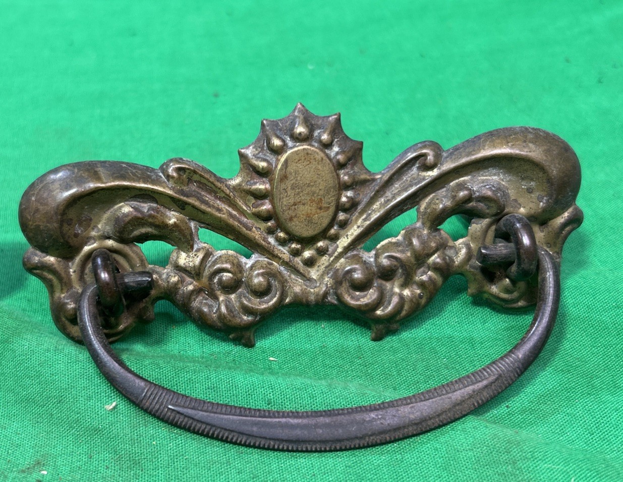 Two ANTIQUE Brass Pressed Drawer Pull Furniture Hardware Circle Metal Bail