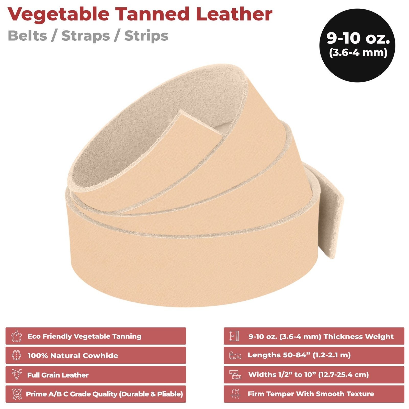 ELW Leather Blank Belt - 8-9 to 13-15 oz Thickness Cowhide Vegetable Tanned