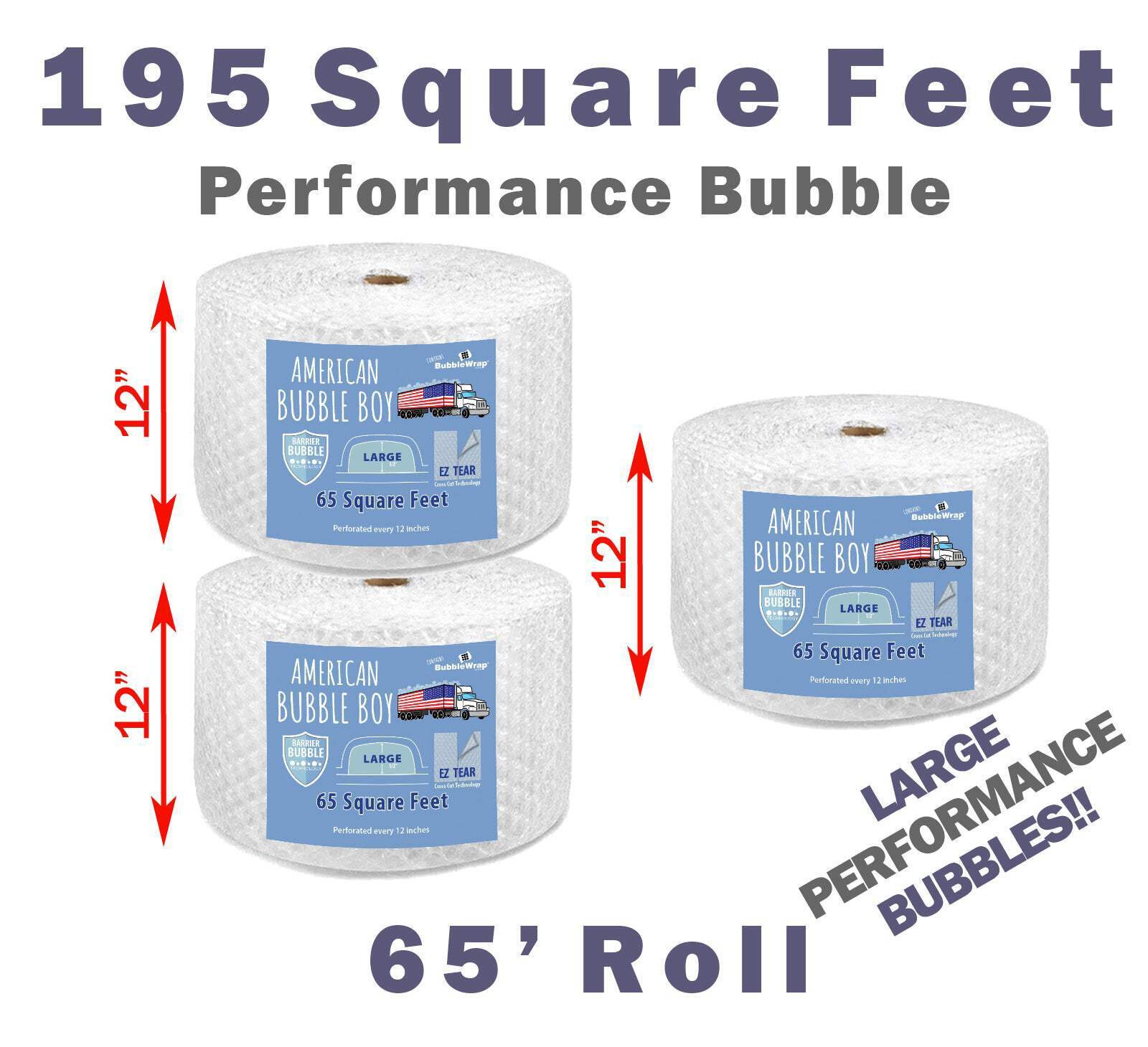 12", Large Performance Grade (1/2) American Bubble Boy Bubble Wrap - 195 Square