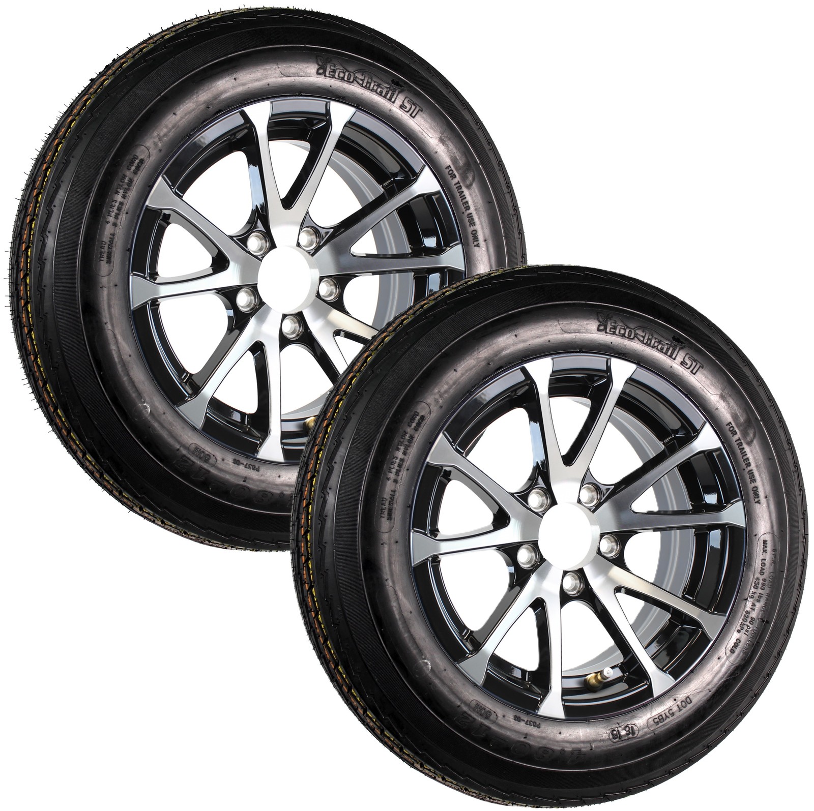 2-Pack Trailer Tire 4.80-12 480-12 LRC 5 Lug 4.5 Center Aluminum Black T07 Wheel