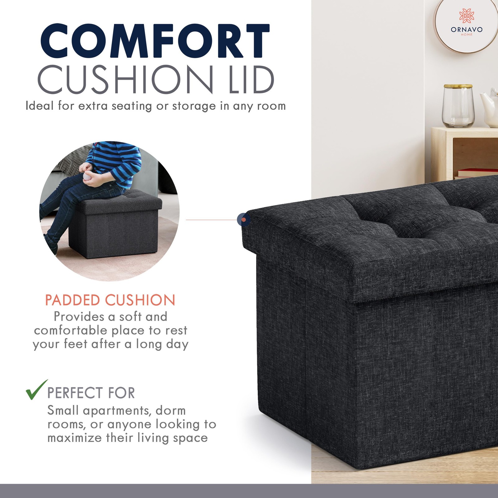 Small Storage Ottoman Foldable Collapsible Rectangle Linen Ottoman Foot Rest ...