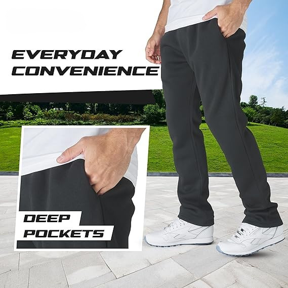 3 Pack Men's Fleece Lined Open Bottom Jogger Sweatpants Classic Sizes M-XL