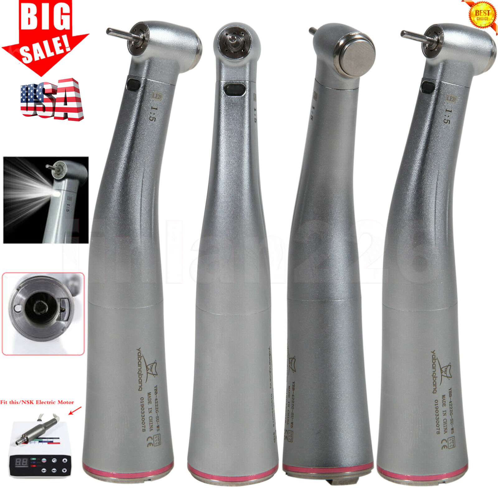Dental 1:5 Increasing Contra Angle LED Optic Handpiece Fit NSK Electric Motor