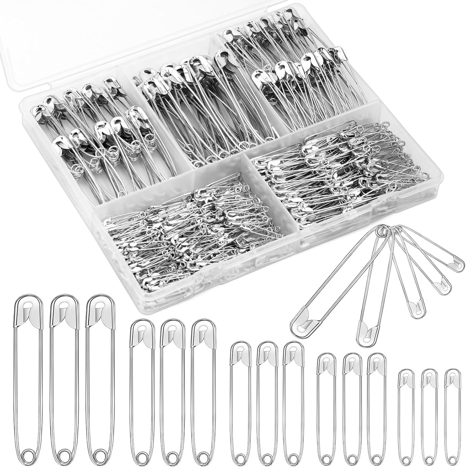 500 Ps 5 Sizes Safety Pins Assorted Size Rust-Resistant Nickel Plated Steel Asso