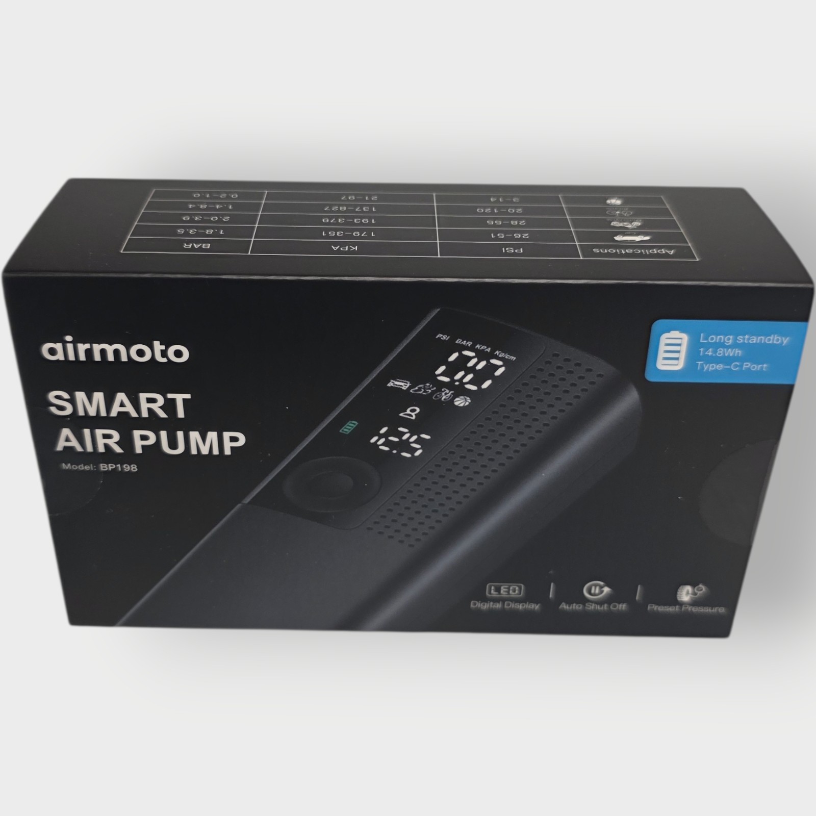 Airmoto Smart Air Pump Model BP198 rechargeable inflator balls bike car tires