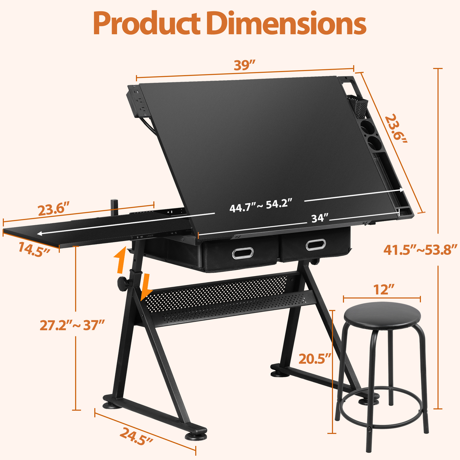 Drafting Table Drawing Desk Adjustable Tabletop w/Charging Station & Stool Black