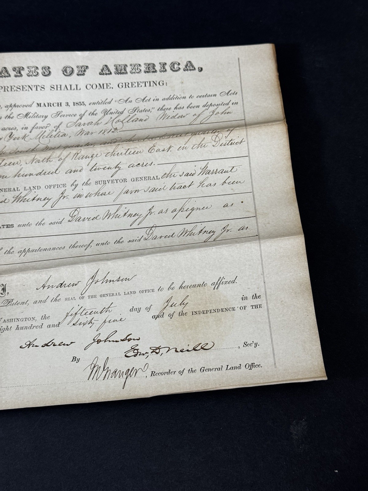 Original 1865 Andrew Johnson Civil War Land Grant 120 Detroit MI David Whitney