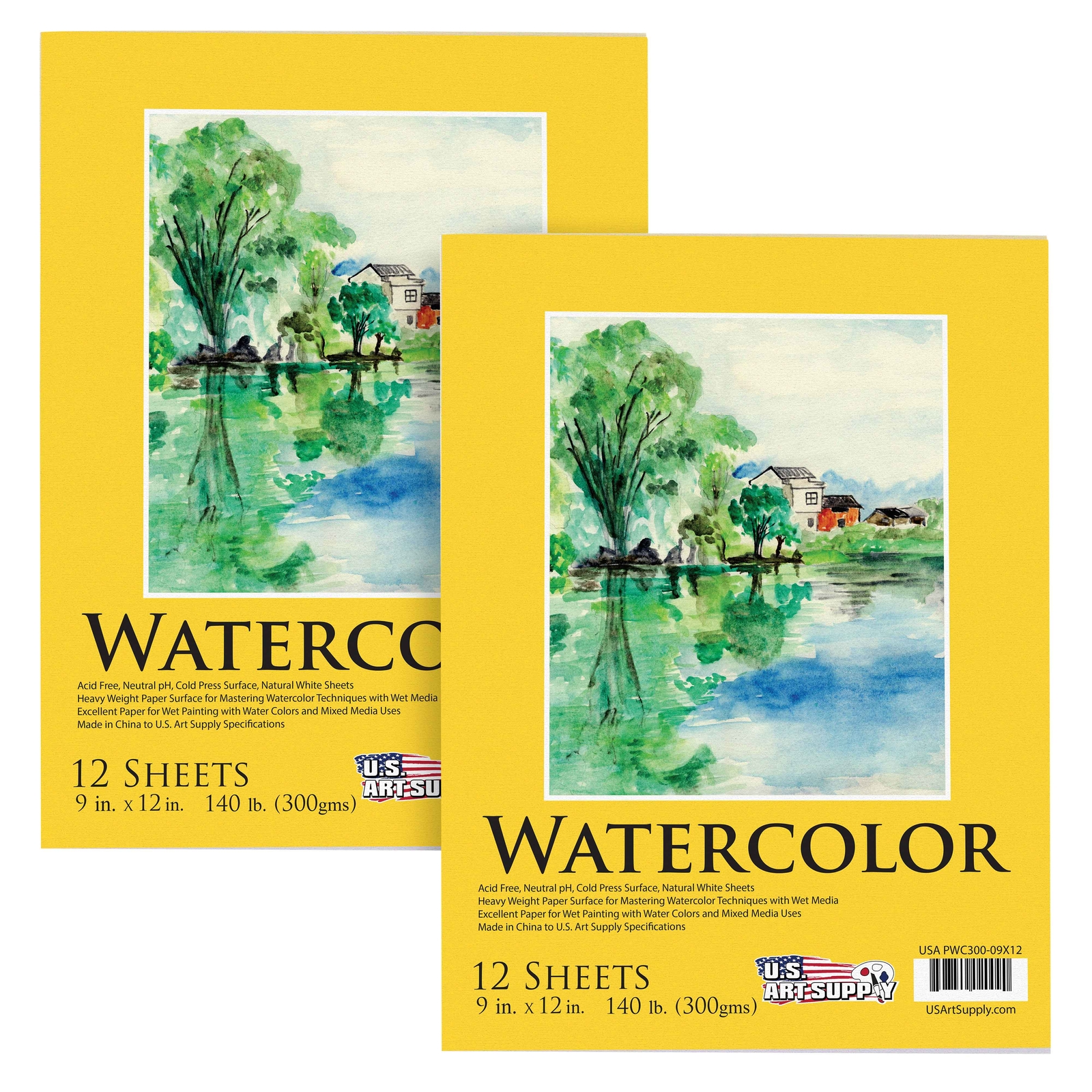 9" x 12" Watercolor Painting Paper Pads, 2 Pads, 12 Sheets Each, 140lb 300gsm