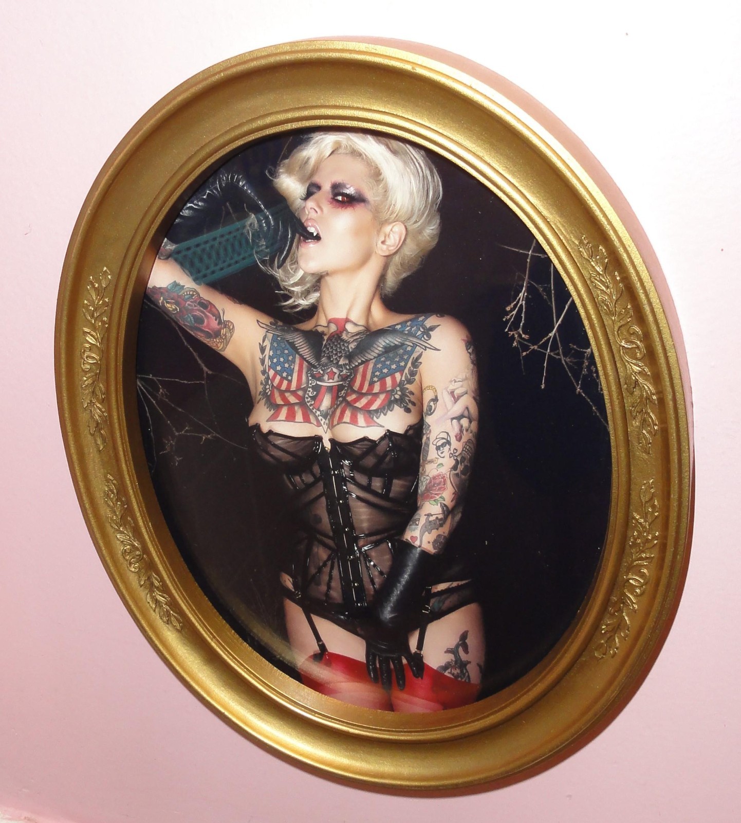 Vintage Two Gold Oval Frames with Gothic Pinup Girl Photos Vampire Look tattooed