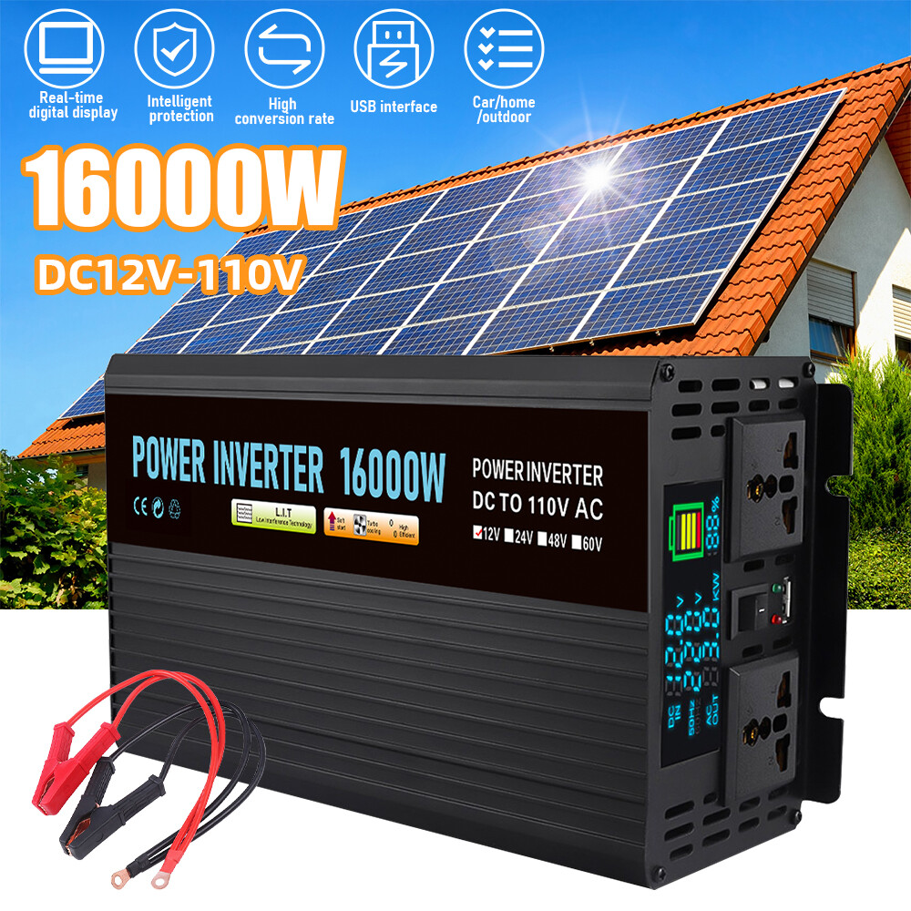 16000W Car Power Inverter DC 12V To AC 110V Pure Sine Wave Solar Converter LCD