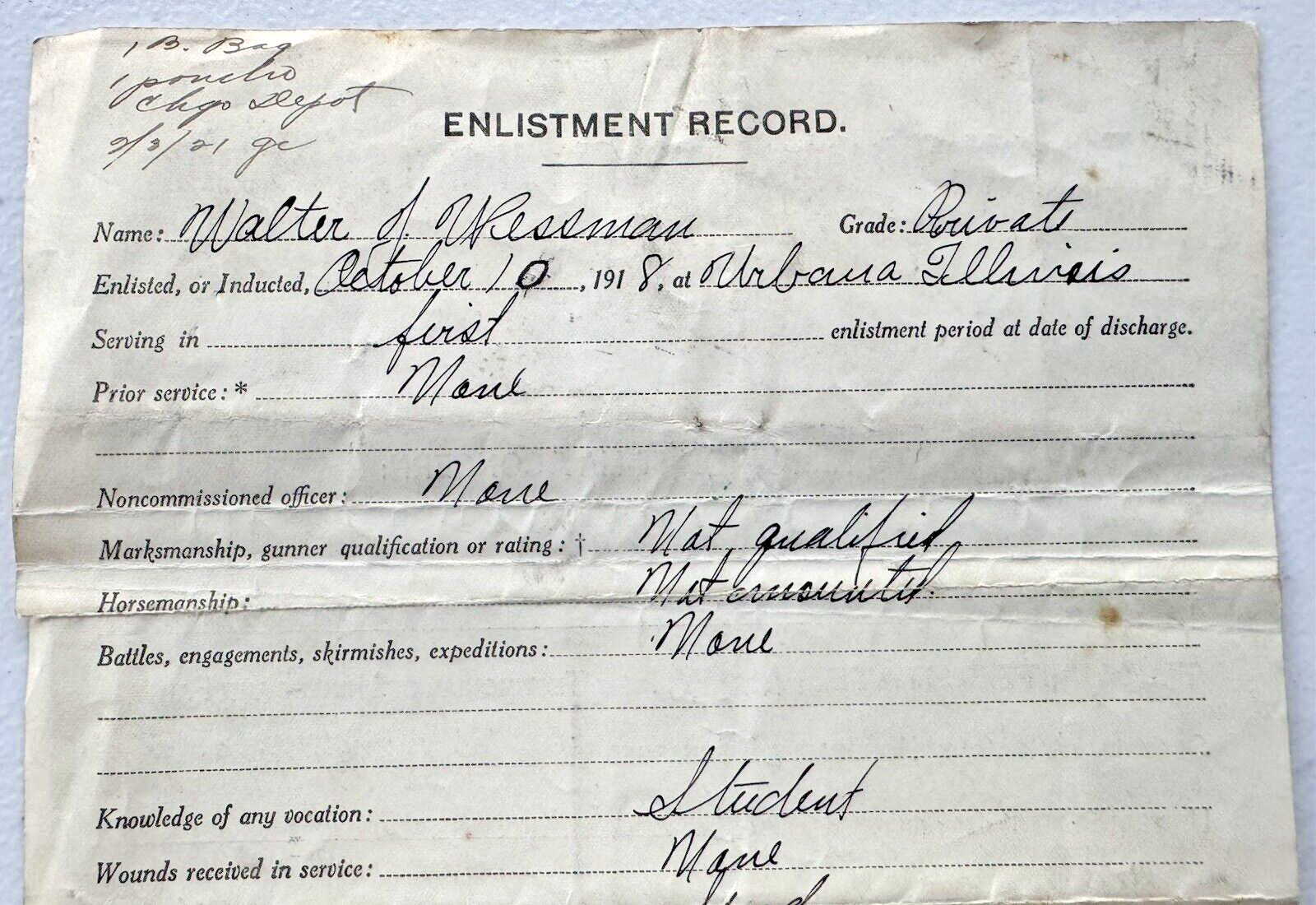 1918 WWI HONORBLE DISCHARGE PAPERS FROM THE UNITED STATES ARMY PRIVATE WESSMAN