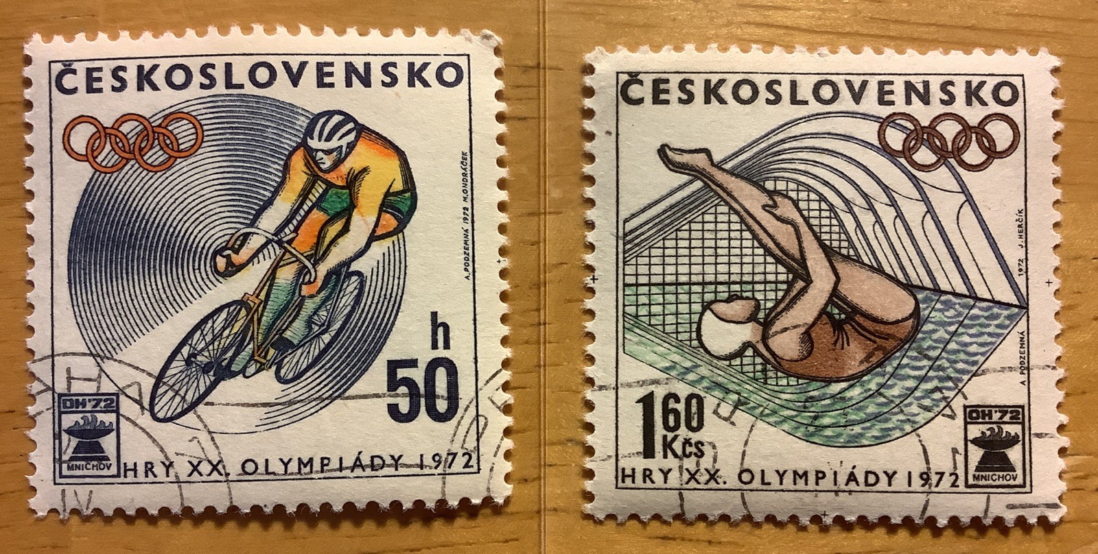 Czechoslovakia 1972 Sports Used Postage Stamps Lot of 2 Olympic Cyclists - Diver