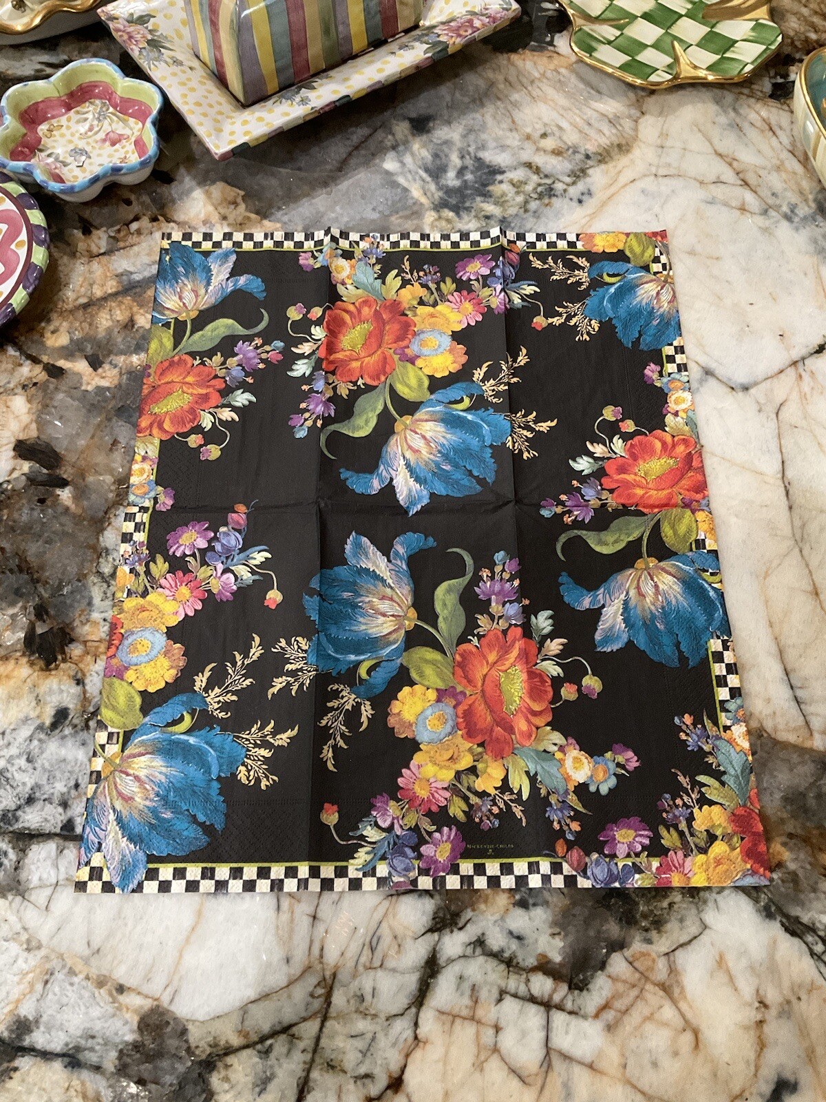 MacKenzie-Childs BLACK FLOWER MARKET Guest 1 Napkin for Decoupage.